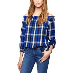 Sanctuary Venus Blue Black Plaid Off-the-Shoulder Blouse Light Flannel NWT M